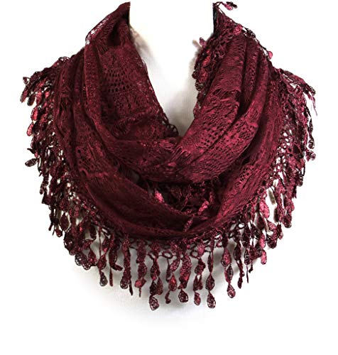 Scarf& Feminine Lace Infinity with Teardrop Fringes - color: Burgundy