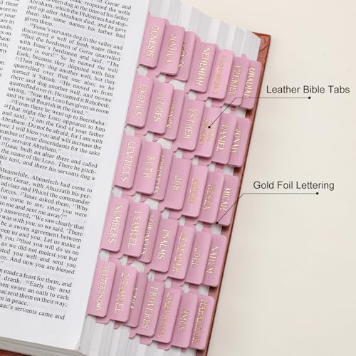 Leather Bible Tabs, Bible Tabs for Women and Men(Gold Foil Lettering) Large Print Stickers, Easy to Read and Apply, 66 Chapters & 14 Blank DIY Labels for Easy Navigation, Christian Accessories(Pink) - style: Leather Pink