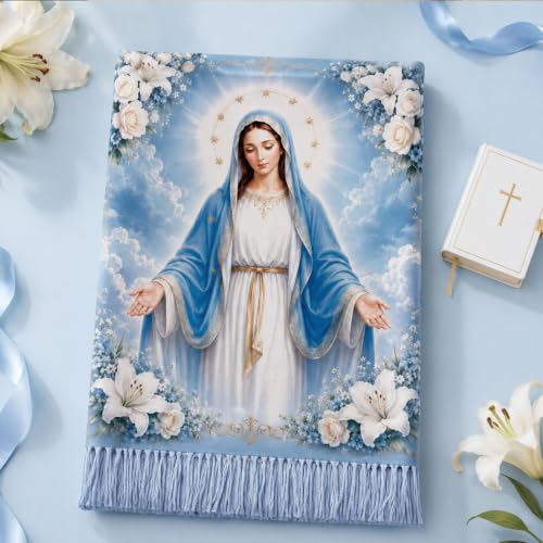 The Virgin Mary Bible Verse Shawls for Women, Catholic Christian Blanket Scarf Gifts or Mom Teacher Christmas - color: Light Blue