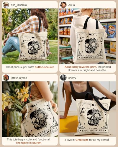 Miss Adola Canvas Tote Bag for Women with Zipper, Skull Flower - color: Skull Flower