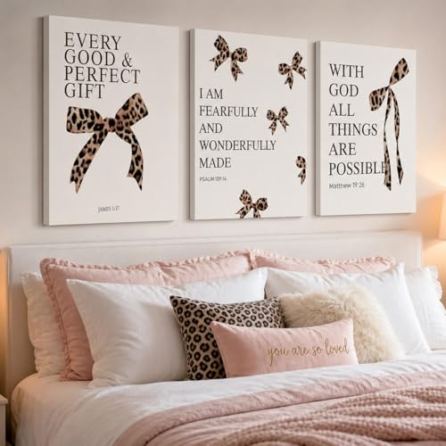 Leopard Bow Wall Art, Y2K Cheetah Print Room Decor for Teen Girls, Inspirational Bible Verses Bow Wall Decor Canvas Pictures Aesthetic for Bedroom Bathroom Dorm 16x24 Inch Framed - color: Leopard print bow, size: 24L"x16W"