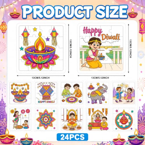 Cinrobiye 24 Pcs Diwali Coloring Puzzle Craft, Deepavali Festival of Lights DIY Activity Jigsaw Puzzle Set, Indian Festival Decorations for Classroom, Home Celebration, Cultural Events, Party Favors - color: Diwali