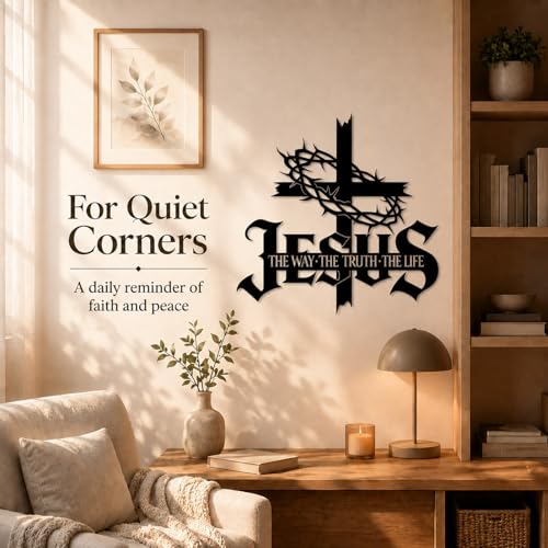 Jesus Wall Art Cross Wall Decor with Crown of Thorns - Metal Christian Wall Art "The Way The Truth The Life" Sign, Black Iron Religious Wall Art & Christian Wall Decor for Home Living Room Church(15.7"L x 15.2"W) - color: Black 15.7 x 15.2 in
