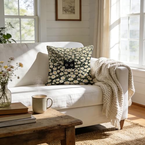 Daisy Floral Black Cat Throw Pillow Cover 18x18, Cat Lovers Mom Lady Gifts, Daisy Flower Meadow Kitten Kitty Decorative Pillow Covers for Home Living Room Bedroom Bed Couch - color: 05color