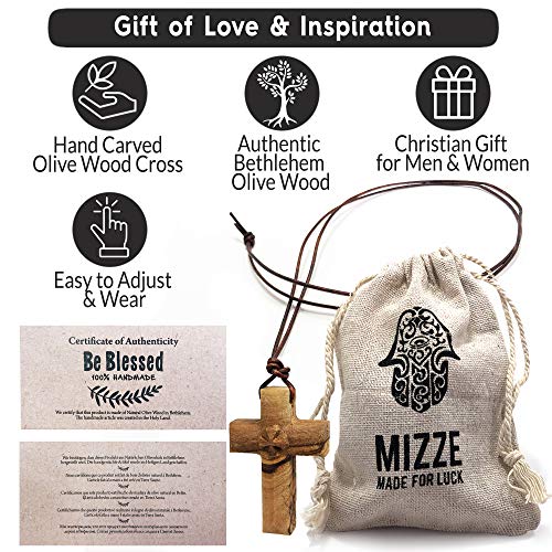 Wooden Cross Necklace for Men and Women - Olive Wood Cross Pendant on Long Adjustable Brown or Black Leather Cord Necklace - Wood Cross Pendant Gift for All Ages - color: Brown