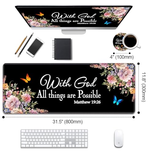 Desk Pad Mat Gaming Mouse Pads with Coasters Set, Stitched Edges Design XL Large Mouse Pad for Laptop Computers Floral Quote Bible Verse Matthew 19:26 Desk Writing Mat for Office & Home 31.5"x 11.8" - color: Floral Quote Bible Verse Matthew 19:26, size: 3