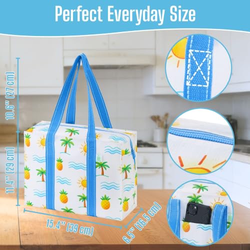 VENO 4 Pack Utility Tote Reusable Grocery Bags with Zipper & Hard Bottom - color: Tropical Island, size: 4 Pack