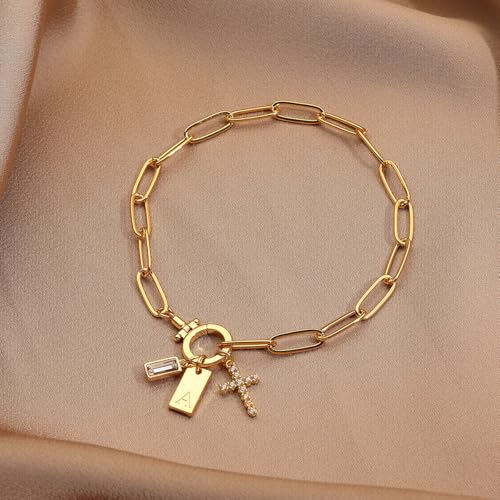 Initial Cross Charm Bracelet, 18K Gold Plated Dainty Paperclip Link Chain Bracelets for Women, Non Tarnish, A-Z Letter Bracelet Personalized Gifts Gold Jewelry for Women - color: Letter-R