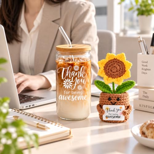 MUJUZE Thank You Gifts for Women, 16 oz Glass Tumbler & Crochet Sunflower - color: Thank You Cup Set