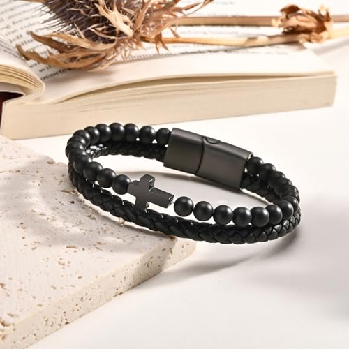 Mens Cross Bead Braided Genuine Leather Bracelet, Black Gemstone Agate Onyx Beaded Rosary Obsidian Bangle, Faith Religious Easter Catholic Christian Communion Baptism Christmas Jewelry Gift for Men - color: Black-9.25IN