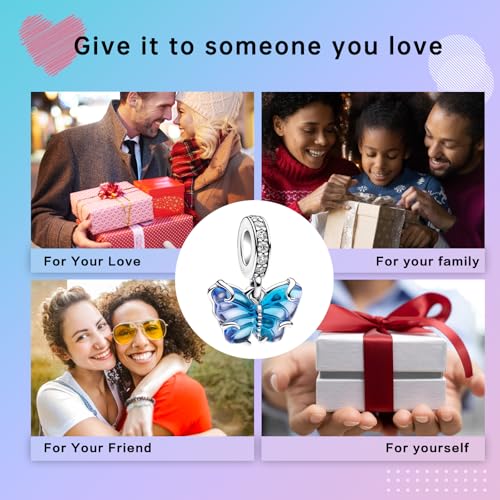 LUXILLA 925 Sterling Silver Charm Golden Family Tree Sparkling Cross Cute Dragon Charms Fits Bracelets Necklace Pendant Bead Jewelry Gift for Women Family Friends - color: Blue Murano Glass Butterfly Charm