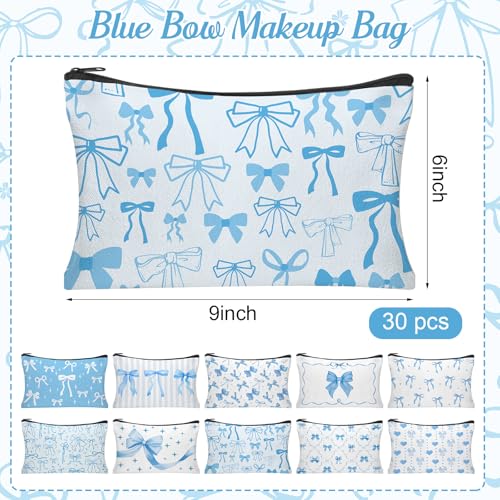 30pcs Blue Bow Makeup Bag Coquette Bow Cosmetic Bags for Women Preppy Pouch Travel Toiletry Bag Coquette Party Favors for Mother Bridesmaids Wedding Supplies - style: Blue Bow