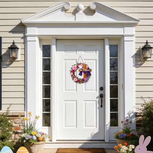 Christian Easter Decorations, He is Risen Easter Wooden Wreath for Front Door Decor, Religious Cross Flowers Hanging Sign for Wall Window Porch, Spring Season Home Decorations