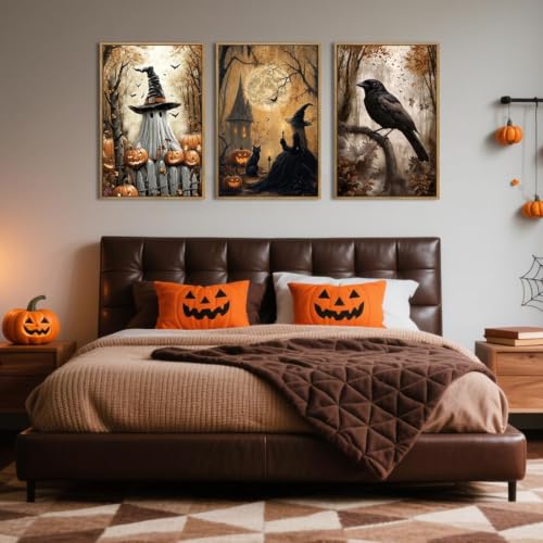 ANHUIB Large Vintage Halloween Wall Art Spooky Ghost Witch Wall Decor Black Cat with Crow Painting 24x36 Inch Set of 3 for Living Room Bedroom - color: Witch, size: 36"L x 24"W