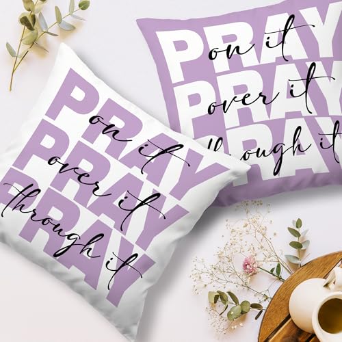 Purple And White Christian Pray Decorative Throw Pillow Covers Set of 2,Bible Verse Pray on over through It Pillows Covers, Preppy Pillow CasesDecor for Prayer Room Couch Bedroom Dorm 18x18in - color: Purple White