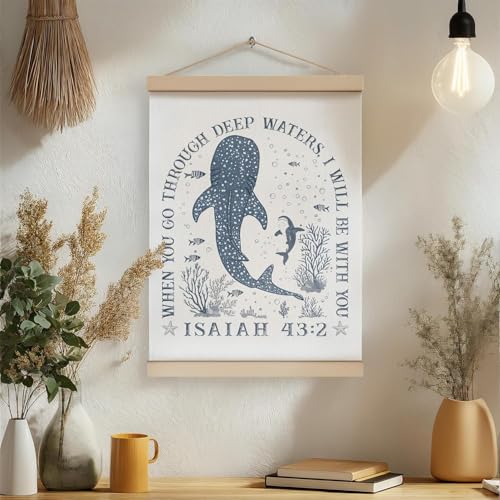 ZNGFON Trendy Whale Shark Christian Wall Decor, When You Go Through Deep Waters I Will Be With You Isaiah 43:2 Wall Art Poster with Wooden Frame, Blue Bible Verse Wall Hanging Home Decor, 12x16 Inch - color: COW 07, size: 16"L x 12"W