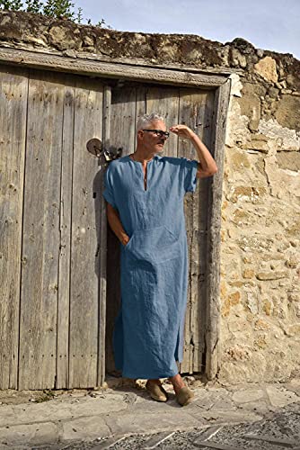 COOFANDY Men's V-Neck Linen Robe Short Sleeve Kaftan Thobe Long Gown Casual Shirt for Beach, Summer - color: Blue, size: XX-Large