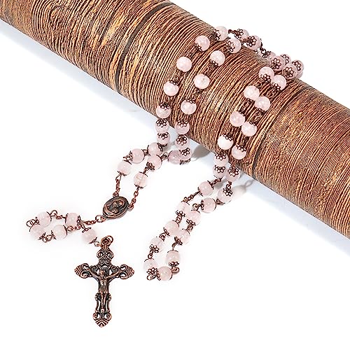 Nazareth Store Natural Stone Beads 8mm Rosary Necklace Antique Copper Design Holy Soil Medal & Cross in Velvet Bag - Catholic Rosaries Terra Santa Jerusalem Collection - color: Rose Quartz