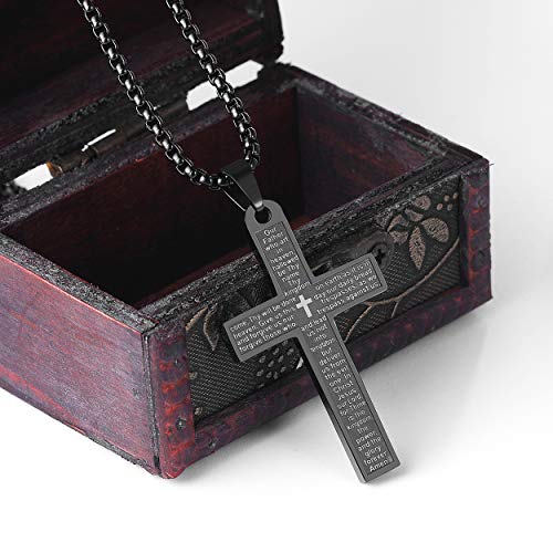 Mens Bible Verse Lords Prayer Cross Pendant Necklace Chain Men Women - color: Black