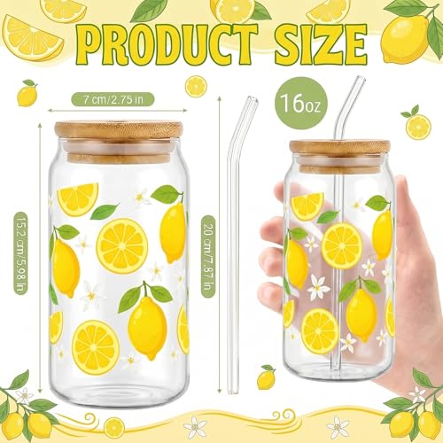 Glass Cups with Lids and Straws, 4Pack, 16oz, Summer - color: Lemon