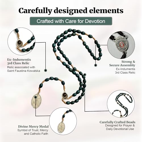 SANCTUM VERITAS Saint Faustina Kowalska True Relic Chaplet Apostle Divine of Mercy Miraculous Medal Jesus I Trust in You Chaplet Three O' Clock Prayer Poland Polish Novena - color: Green