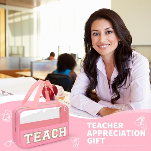 Teacher Appreciation Gifts Chenille Letter Clear Makeup Bag TEACH Pouch, Preppy Waterpoof Makeup Cosmetic Bag with Zipper Graduation Retirement Birthday Teacher Essentials Gifts for Women(TEACH-Pink) - color: TEACH-Pink