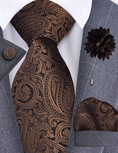 GUSLESON 3.15"(8cm) Mens Tie and Lapel Pin Paisley Necktie Hankerchief Cufflinks Set for Men - color: Brown