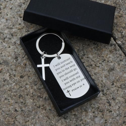 GiftYou Inspirational Scripture Metal Key Chains with Cross Pendant - Bible Verse Keychain Religious Gift for Christian - color: Psalm 32:8