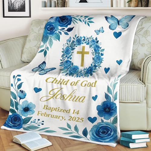 Baby Blankets for Boys Personalized, Personalized Baptism Blanket for Baby Boy Or Girl Custom Name Cross Throw Child of God Christening Gift with Date Keepsake, Blanket Baptism - color: #Ver4