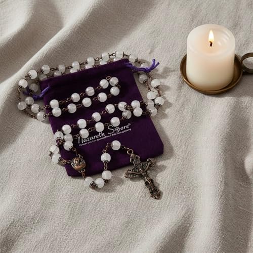 Nazareth Store Natural Stone Beads 8mm Rosary Necklace Antique Copper Design Holy Soil Medal & Cross in Velvet Bag - Catholic Rosaries Terra Santa Jerusalem Collection - color: Clear Agate