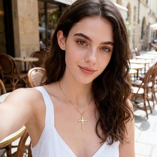 Gold Cross Necklace CZ Dainty Pendant 14K Gold Plated Chain for Daily Wear