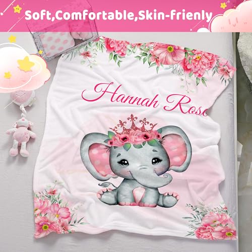 Personalized Baby Elephant Blanket for Girls with Name - color: Pink Elephant
