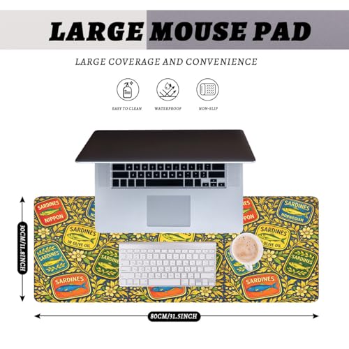 Vintage Food Mouse Pad, Sardines Retro Label Pop Art Gaming Desk Mat with Stitched Edges,Non-Slip Waterproof Rubber Base Mouse Mat, 31.5x11.8in Desk Home Office Gaming - color: Vintage Food, size: 31.5L x 11.8W inches