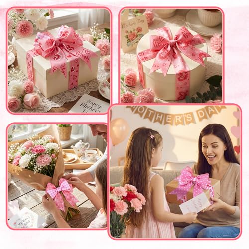 12 Rolls Mother's Day Wired Edge Ribbon for Wreaths 2 Inch x 60 Yards Pink Burlap Stripe Ribbons Happy Mother's Day Love You Mom Floral Decorative for Bow Wreath DIY Craft Gift Wrapping Decor - style: Mother's Day