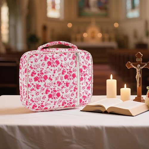 Bible Cover Case for Women Large Floral Bible Bag Organizer Quilted Study Supplies Accessories Carrying Cases for Girls Portable Tote Bag Christian Gifts - color: Rose