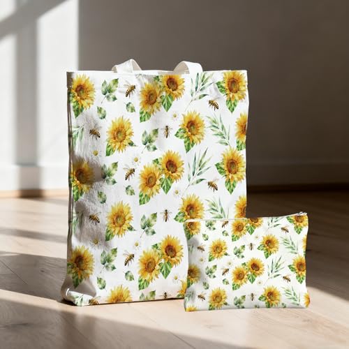 2 Pack Canvas Tote Bag with Makeup Zipper Pouch Colorful Polyester Printed Reusable Shopping Bags for Women - style: Sunflower