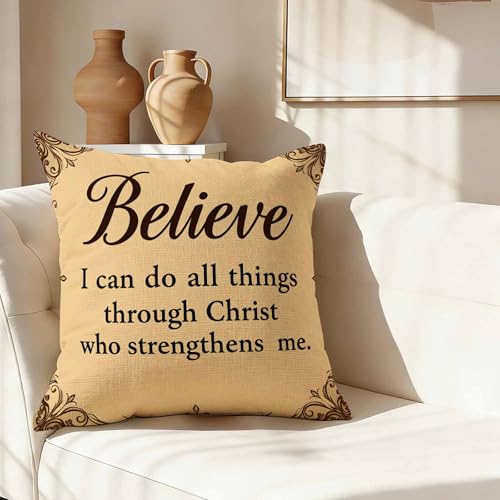 Inspirational Quote Throw Pillow Cover,Believe I Can Do All Things Bible Verse Decorative Pillow Case,Faith Cotton Linen Cushion Case for Home Decor 18 * 18 Inch - color: Settype20