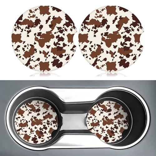 Cow Print Car Coasters for Cup Holders,2 Pack Car Cup Holder Coasters for Car,Ceramic Absorbent Car Coaster with A Finger Notch and Cork Base,Car Interior Accessories for Women Men - color: Cow Print
