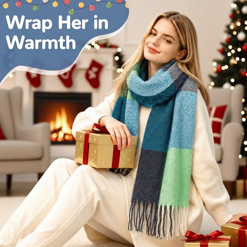 Loritta Winter Scarf for Women, Long Plaid Shawl Wraps Scarves Gifts - color: J-green Water Blue Plaid