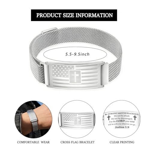 RINHOO Men's American Flag Cross Bracelet Bible Verse Stainless Steel - style: Silver-Joshua 1:9