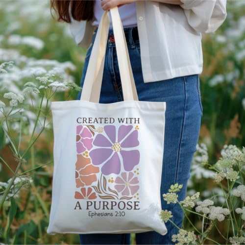 Christian Tote Bag Religious Gifts Canvas Bags for Women Men Shopping Work Gym Picnic Travel - color: Created With a Purpose Ephesians 2:10