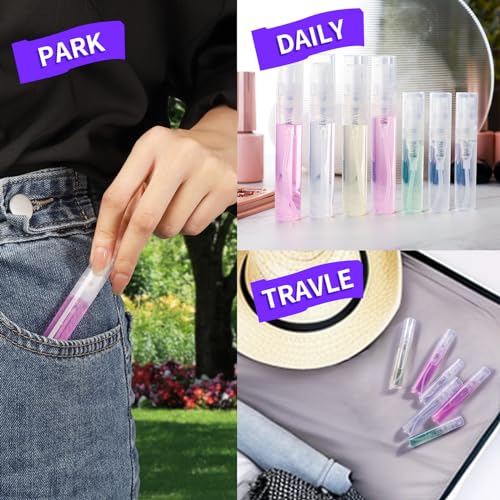 Fandamei 60PCS Mini Spray Bottle, 30PCS 3ml Mini Clear Plastic Spray Bottle Empty with 30PCS 5ml Fine Mist Refillable Mini Perfume Bottle. Small Empty Sample Containers Bottle. - size: 3ml/5ml