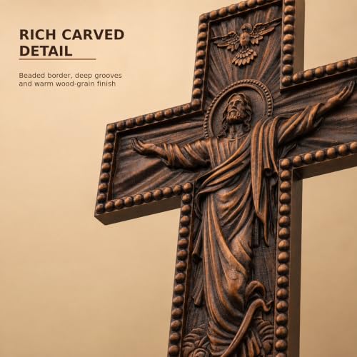 QIADGE Ascension of Jesus Handmade Cross Catholic Wall Decor Wooden Christian Decoration Gift Wood Carved Handmade Craft cross jesus cross for wall baptism favors (10 * 8 in) - size: 10*8 in