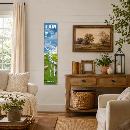 Church Wall Banners - I Am The Good Shepherd John 10:11 Scripture Hanging Backdrop, Christian Praise Worship Bible Verse Banner for Church School Home Decor 48x9 In - color: color_name01