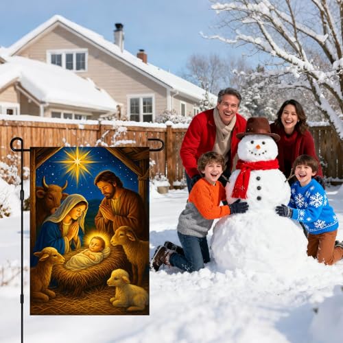 IVN Merry Christmas Nativity Garden Flag 12x18 Inch Double Sided - color: Holy Family Manger