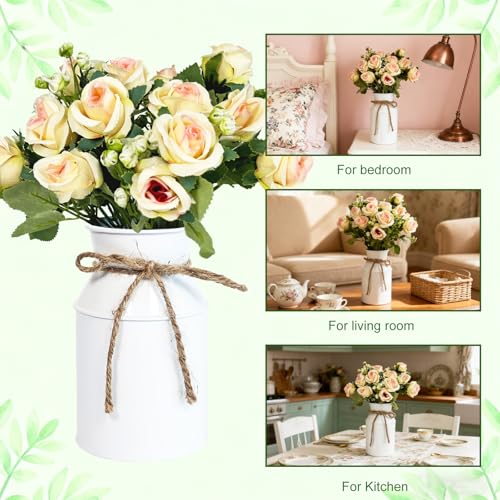 Artificial Rose Centerpiece with Metal Vase, 4 sets, White & Champagne - color: 4 White Vases & 8 Champaign Roses