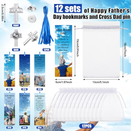 Supervitae 24 Pcs/ 12 Sets Father's Day Bookmark Gifts Bulk God Bless Dad Lapel Pin with Bookmark Gift Set, Include 12 Proverbs 20: 7 Christian Bookmarks 12 Cross Dad Pin for Religious Church Prizes - style: God Bless Dad