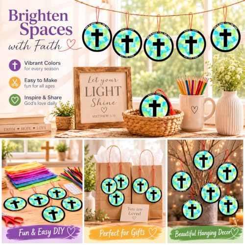 Motipuns 32 Sets Cross Suncatcher Craft Kit, 5.9 Inch VBS Tissue Paper - style: Vbs Cross