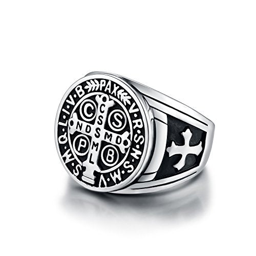 LAOYOU Men's St Benedict Exorcism Ring Stainless Steel Catholic Roman Cross Demon Protection Ghost Hunter