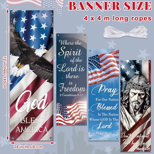 4Pcs Independence Day Church Banners for Sanctuary Wall 250 Anniversary USA 4th of July Religious Hanging Backdrop Church Banner with Scripture Worship Bible Verses for Patriotic Holiday Decor - style: Independence Day